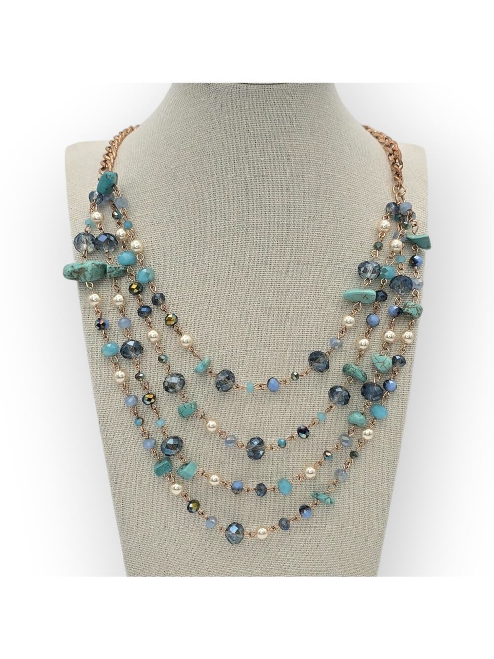 Turquoise Crystal Faux Pearl Layered Necklace Gold Tone - Coastal Chic